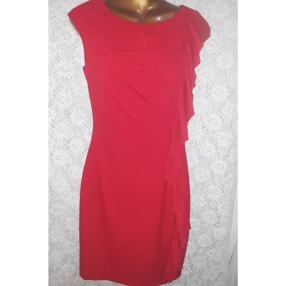 Calvin Klein Sz 4 Bright Red Side Cascade Ruffle Bodycon Dress - Picture 8 of 8